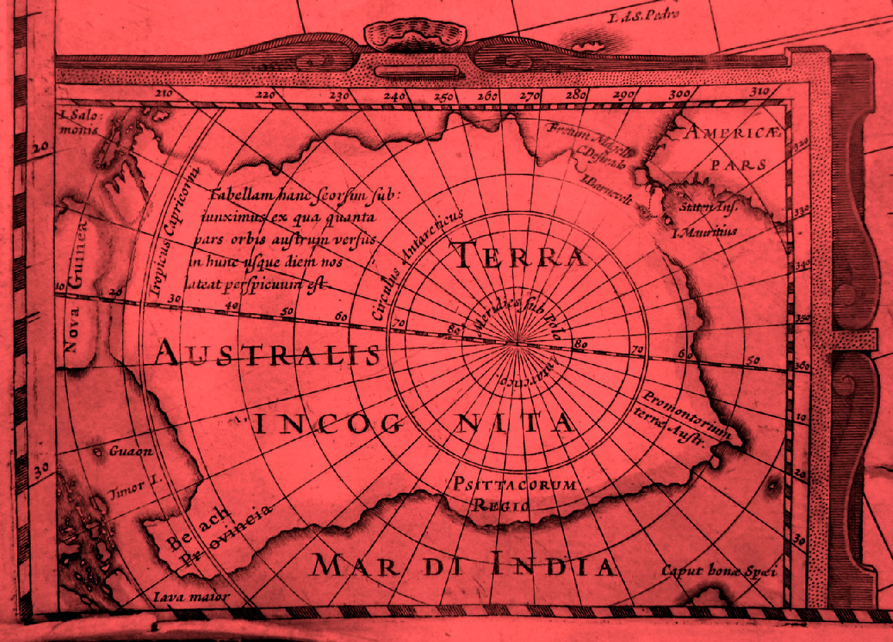 Terra Australis © J. Hondius, Nouveau théâtre du monde, ou nouvel atlas comprenant les tables et descriptions de toutes les régions de la terre, Amsterdam, 1640 (cote BM Lille : 52628)