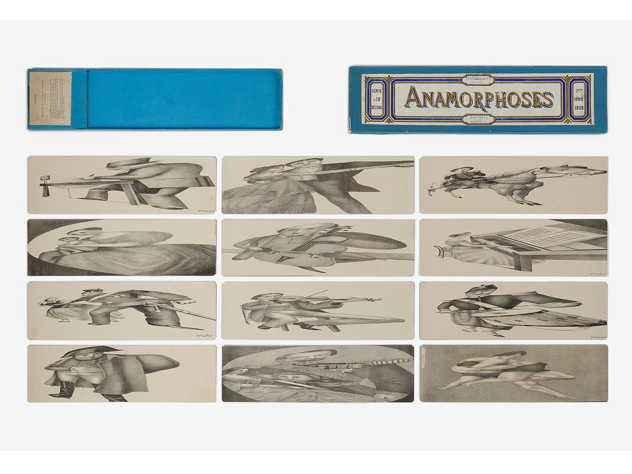 “Anamorphoses”, optical toy made up of 12 lithographs. Sedallian, 1869. Paper, card. Massilia Toy, Marseille © Yves Inchierman