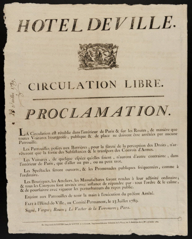 Affiche garantissant la libre circulation dans Paris Imprimerie Lottin, Paris 23 juillet 1789 Papier 51,5 x 41 cm 1977.68.51 © Mucem