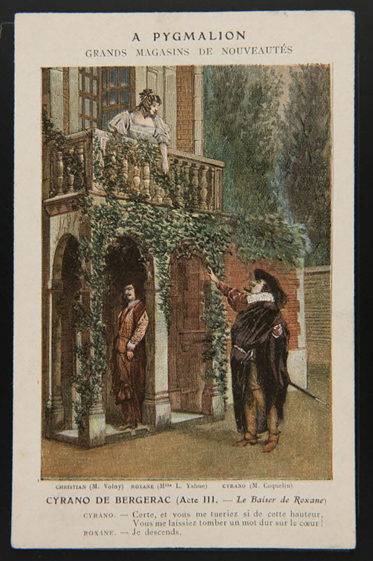 Cyrano de Bergerac, Acte III : le baiser de Roxane  Carte-réclame  Fin du 19e - début du 20e siècle  14 x 9 cm 