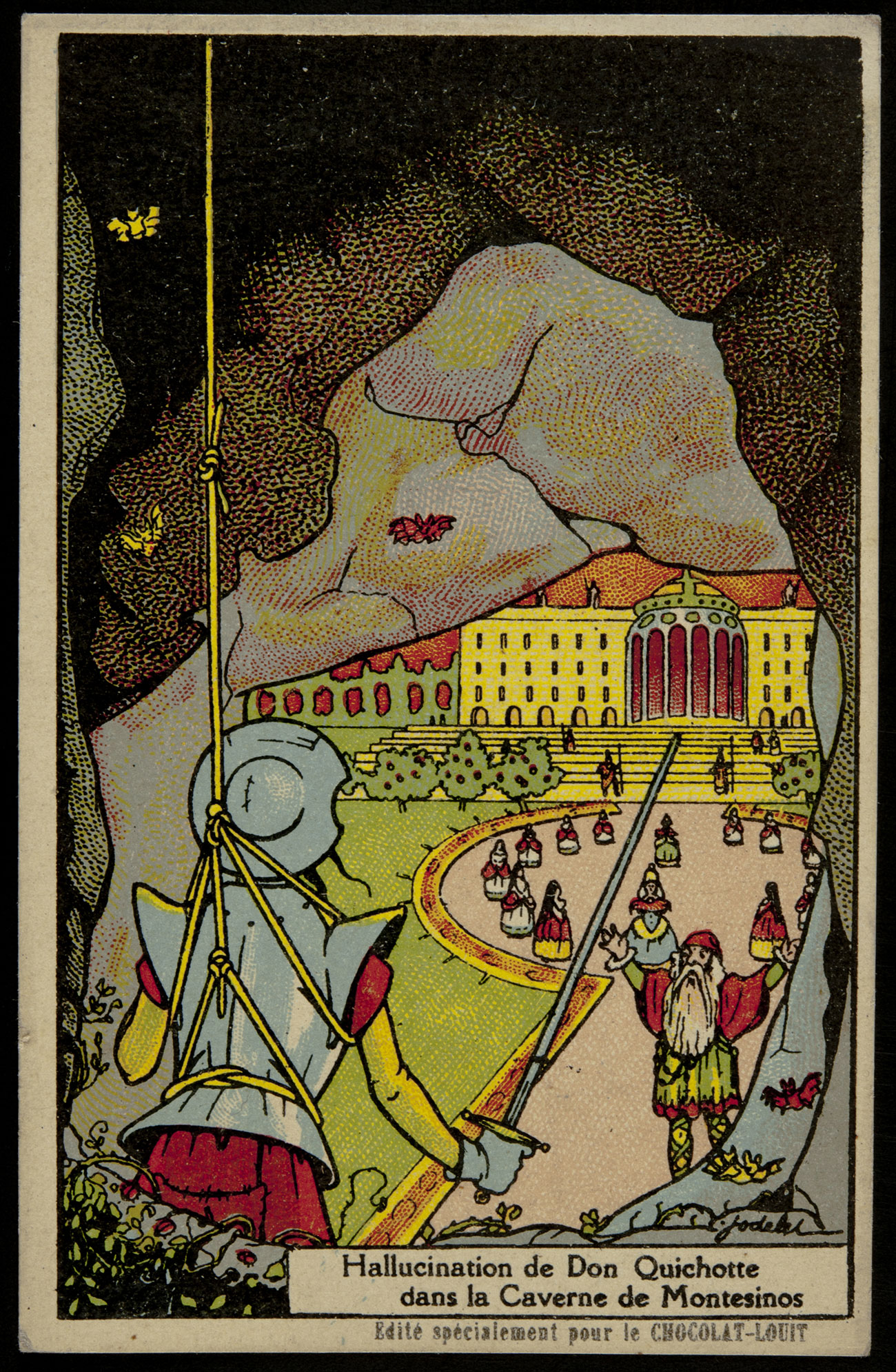 Don Quichotte dans la caverne de Montesinos Charles Jodelet Carte réclame Éditée spécialement pour le Chocolat-Louit Carton imprimé Fin XIXe – Début XXe siècle 10.2 x 6.5 cm