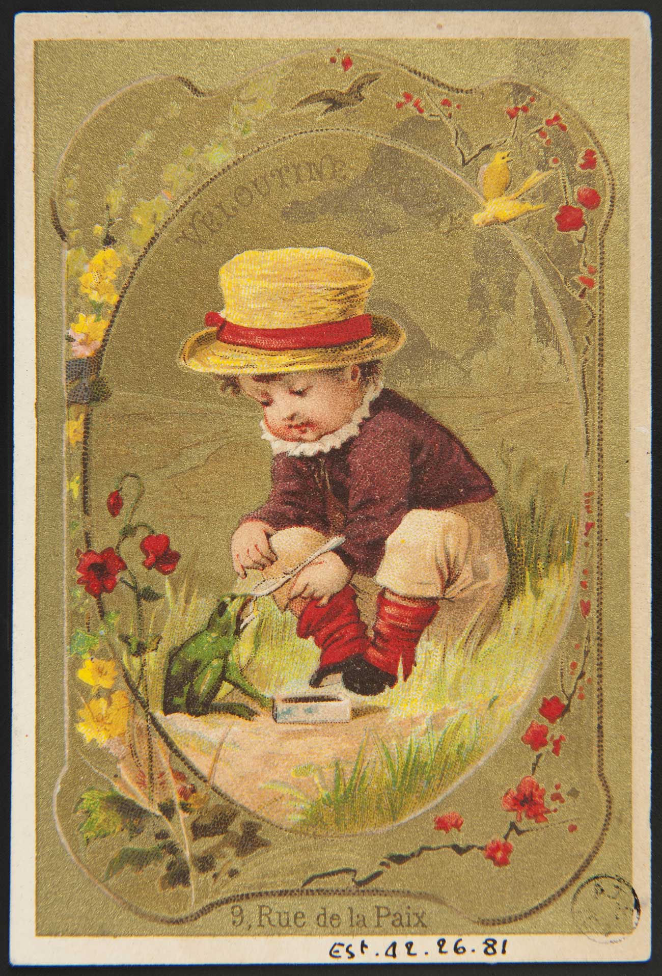 Enfant donnant à manger à une grenouille, Carte réclame, Chromolithographie carton, emploi d’or © Mucem