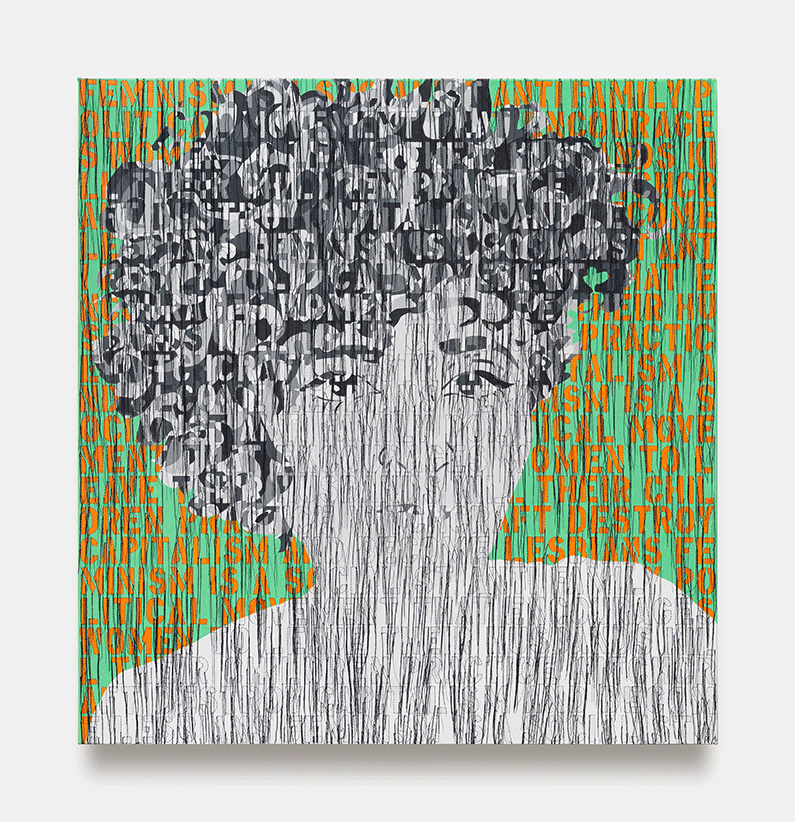 Ghada Amer, , Self-Portrait in Black and White [Autoportrait en noir et blanc], 2020. Peinture acrylique, broderie et gel médium sur toile, 127 X 121,92 cm © Ghada Amer ; photo : Lepkowski Studios Berlin