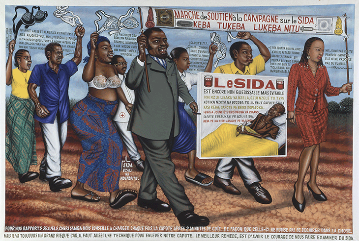 Chéri Samba, Marche de soutien à la campagne sur le SIDA, 1988. Huile et paillettes sur toile préparée. © Chéri Samba – Magnin-A ; photo Centre Pompidou, MNAM-CCI, Dist. RMN-Grand Palais / Philippe Migeat