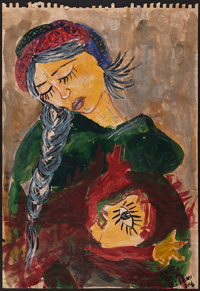 Maternité de Zehra Dogan (née à Diyarbakir, Turquie, en 1989), peinture à la gouache sur papier kraft, 2016 © photo : Mucem / Marianne Kuhn
