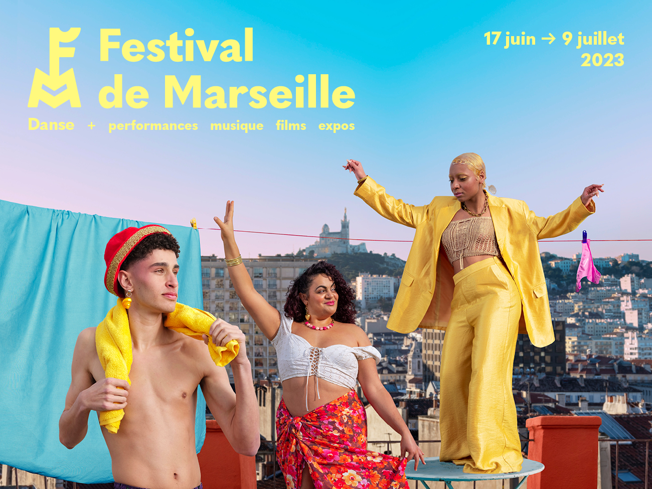 Visuel Festival de Marseille 2023 © Léa Magnien et Quentin Chantrel (Collectif Lova Lova) / photo réalisée à Coco Velten / Graphisme : Floriane Ollier