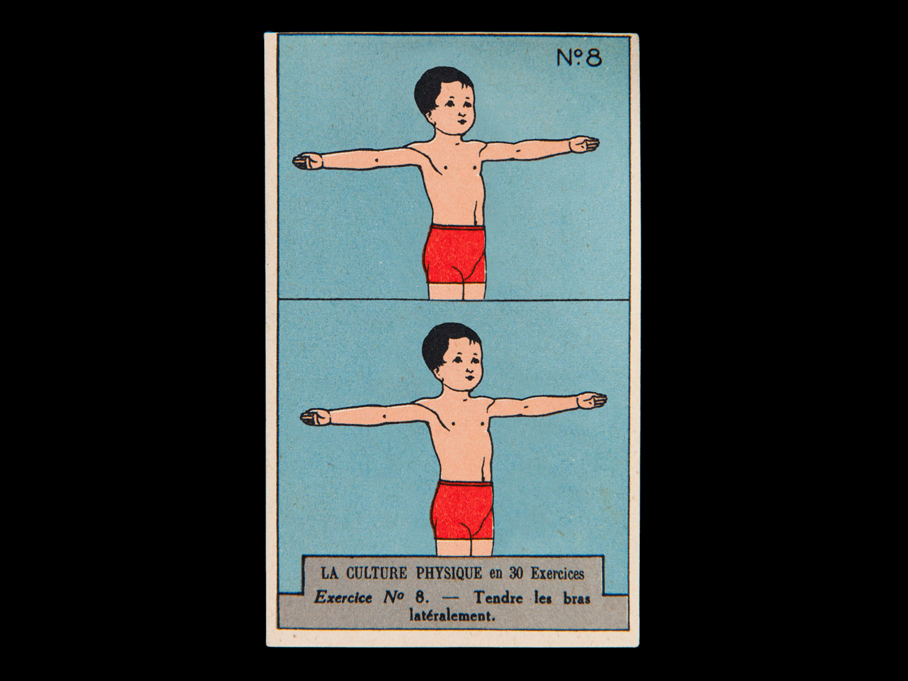 LA CULTURE PHYSIQUE EN 30 EXERCICES Exercice N° 1., 1ère moitié 20e siècle, René Vincent, dessinateur et affichiste, chromolithographie sur carton, 10.6 x 6.5 cm