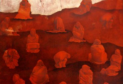 Mohsin Taasha, série « Tavalod-e dobareh-ye sorkh » [La renaissance du rouge], Kaboul, 2017. Gouache et feuilles d’argent sur papier wasli, 70 x 56 cm. Collection de l’artiste © Mohsin Taasha