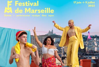 Visuel Festival de Marseille 2023 © Léa Magnien et Quentin Chantrel (Collectif Lova Lova) / photo réalisée à Coco Velten / Graphisme : Floriane Ollier